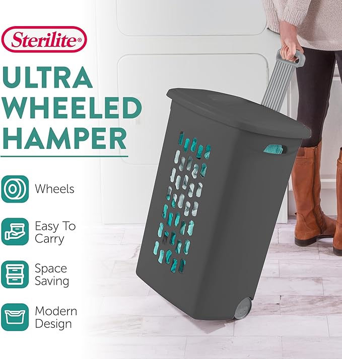 Sterilite 3-Pack Ultra Wheeled Hamper, Plastic Rolling Laundry Basket, Flat Gray - Portable Clothes Carrier with Flip-Top Lid and Retractable Handle for Home, Apartment, and Dorm