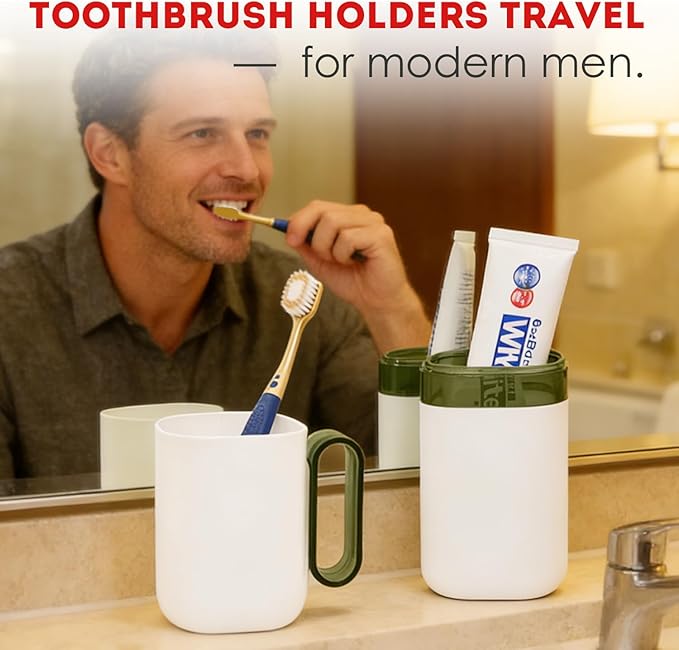 Travel Toothbrush Holder Case,Toothbrush Holder and Rinse Cup with Handle Toothbrush Travel Case, 2 in 1 Toothbrush Cup,Large Capacit Travel Toothbrush Holder with Mouthwash Cup-Green