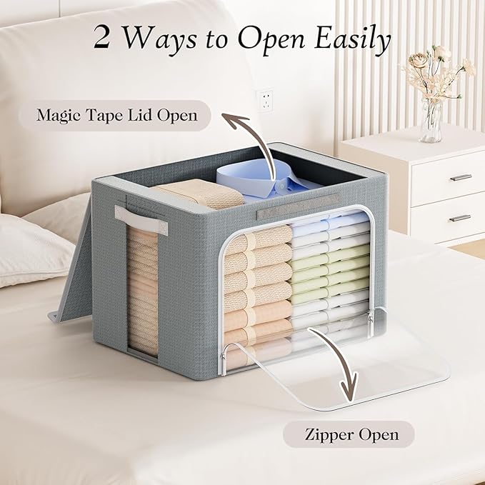 Yecaye Clothes Storage Bins with Metal Frame, Foldable Clothing Storage Bin with Lid, Stackable Oxford Fabric Organizer Box With Clear Window & Zippers & PU Leather Handles (4 Pack,Grey,40L)