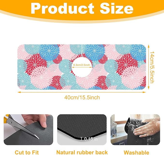 2 Pack Abstract Flowers Sink Splash Guard Faucet Mat Vintage Floral Super Absorbent Fast Drying Mat Sink Gadgets-Splash Guard Behind Faucet Drip Catcher for Kitchen Bathroom, 15.5"x5.5"