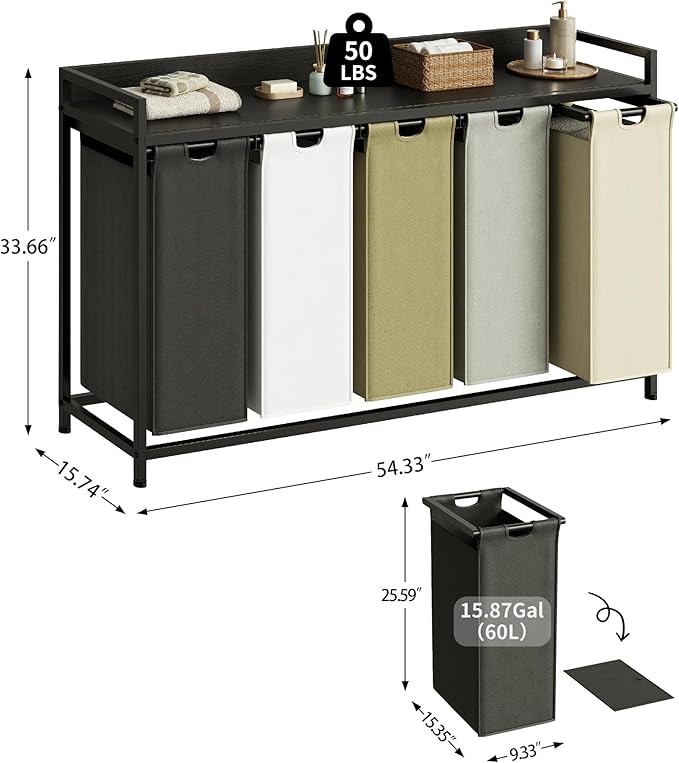 Laundry Hamper with Shelf, Laundry Basket 5 Section, Laundry Sorter with Pull-Out Removable Large 5 Color Bags and Movable Wheels, Metal Frame, 5 x 15.87 Gallons (60L), Black PF08XLK