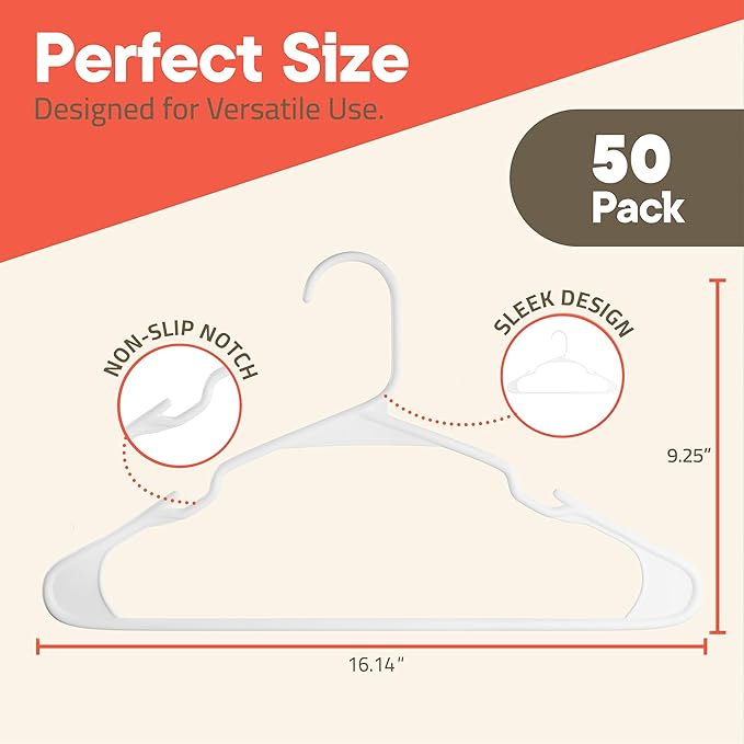 White Plastic Hangers 50 Pack– Heavy-Duty Plastic Hangers Slim and Space-Saving, Durable and Lightweight PP with Non-Slip Shoulder Notches for Slip Dresses, Suits, Jackets & Camisoles
