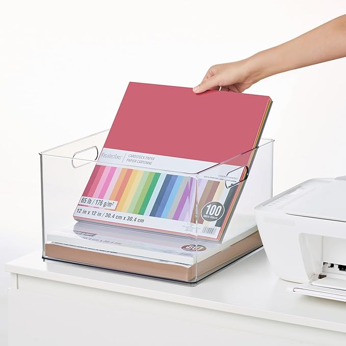 Simply Tidy 13" x 13" Clear Storage Bin with Handles – Stackable Plastic Organizer for 12" x 12" Paper, Notebooks, Sketchbooks & Craft Supplies, Easy-Access Design, 6 Pack