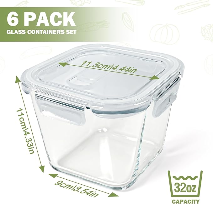 Glass Soup Containers with Lids 32 oz, 4 Cup Glass Storage Containers, Tall Borosilicate Glass Food Storage Containers for Lunch, Ice Cream, Travel and Deli, Soup Freezer Safe Containers with Lids