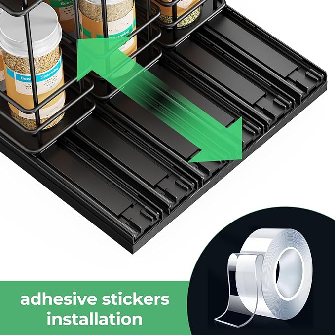 Pull Out Spice Rack Organizer for Cabinet, Slide Out Spice Racks, Easy to Install Spice Cabinet Organizers, 7.4" Wx10.43 Dx8.26 H, 3 Drawers 2 Tiers(Black)