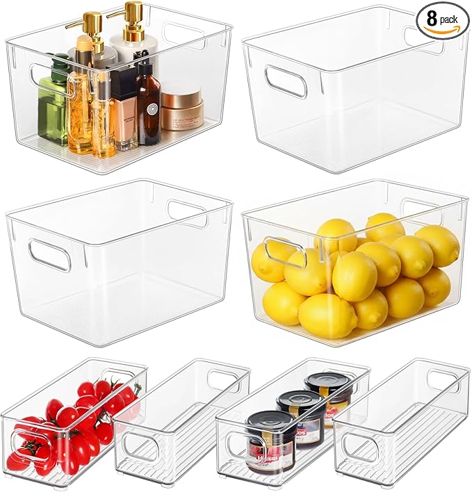 Hudgan 8 Pack Pantry Organizers and Storage, 4 Large Plastic Storage Bins and 4 Small Stackable Clear Containers for Home, Kitchen Cabinet, Freezer, Bathroom Shelf, Office