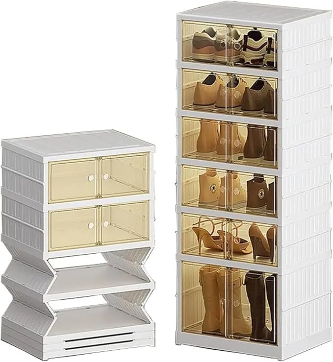 6 Tier Easy Assembly Collapsible Shoe Cabinet Foldable Shoe Organizer Stackable Shoe Storage Box with Clear Door for Front Door Entrance 12Pairs