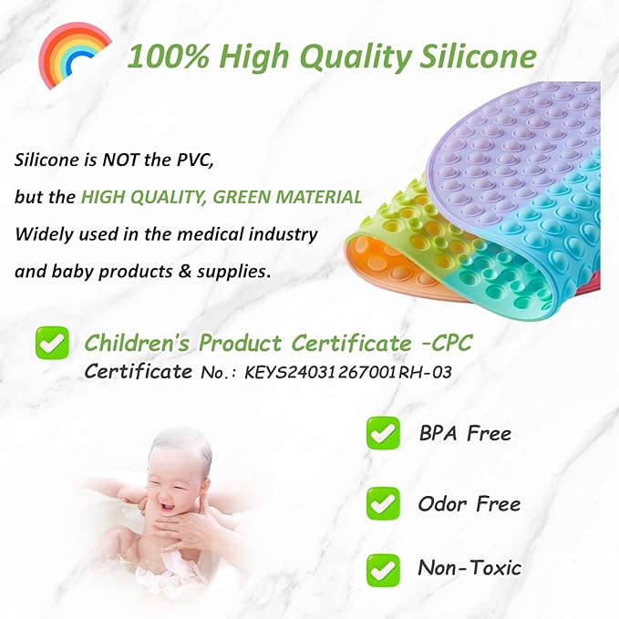 Joiyota Baby & Toddler Bath Mat for Tub，Silicone Non Slip Bathtub Mat for Kids with 27 x 15 Inches for Storage, Rainbow Bathbub Mat with Push Pop Bubbles, Machine Washable Shower Mat, Colorful, Oval