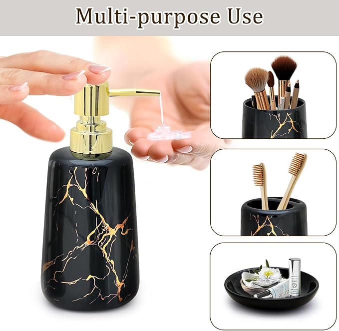 CERBIOR Bathroom Accessories Set,4 Pcs Ceramic Bathroom Decor Accessory,Includes Toothbrush Holder, Toothbrush Cup, Soap Dish for Decorative Countertop and Housewarming Gift(Black 4pcs)