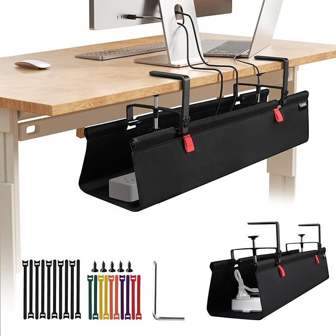 No Drill Under Desk Cable Management Tray, 28" Cord Organizer with Clamp, Fabric Cable Management for Standing Desks, Ideal for Home & Office - Black