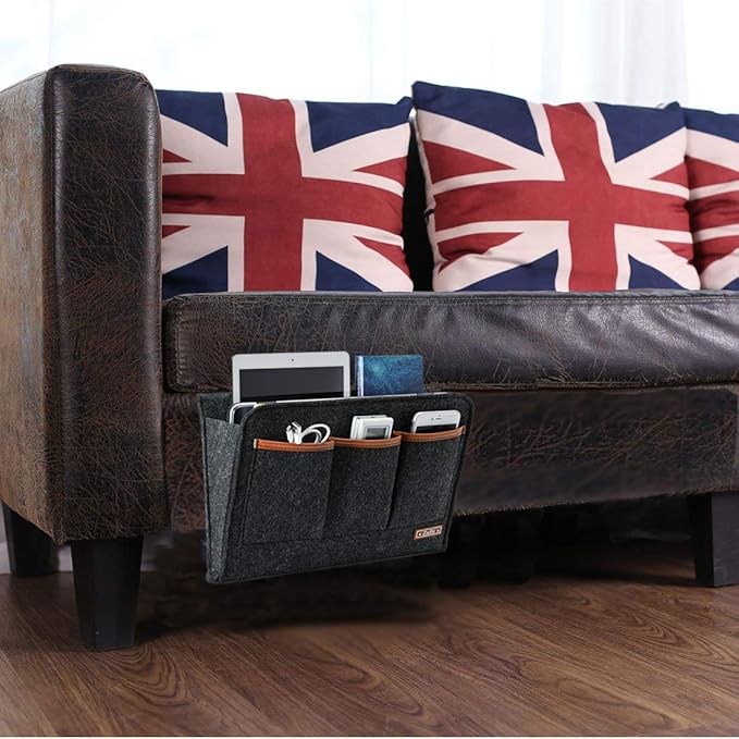 Zafit Bedside Caddy, Large Size Storage Organizer with 6 Pockets for Magazine, Remotes, Phone (13.4'' x 18.1'', Dark Grey)