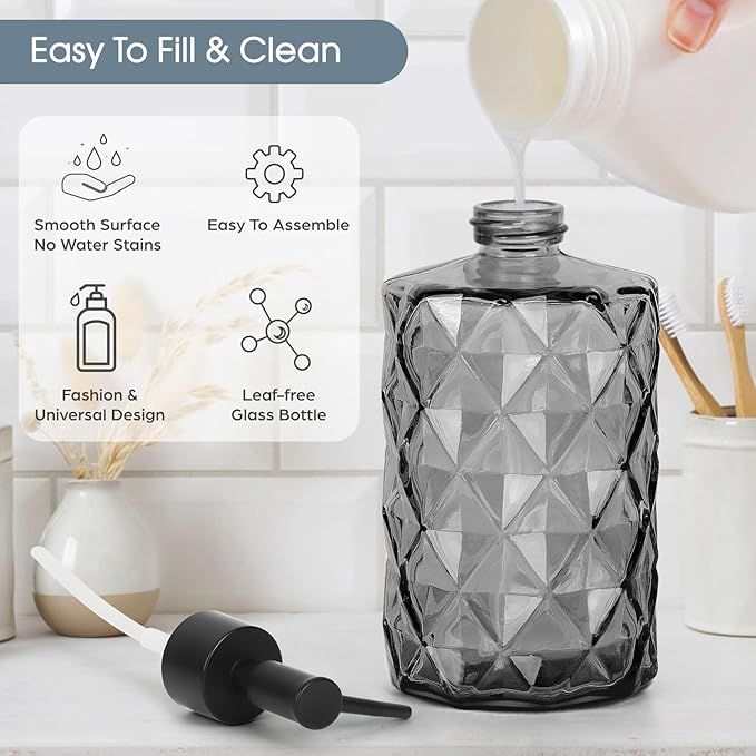 Topsky 2 Pack Glass Soap Dispenser with Black Plastic Pump, 330ml Liquid Hand Soap Dispenser, Rustproof Pump for Kitchen & Bathroom, Great for Lotions, Essential Oil, Liquid Soaps-Gray