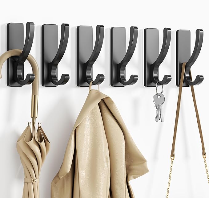 pickpiff Adhesive Wall Hooks for Towels - Sticky Hook Hanging Heavy Duty (13lb), Hanger for Door, Bathroom, Dorm, Closet - for Coats, Purse, Bag, Robe - No Damage to Wall - Black 6 Pack