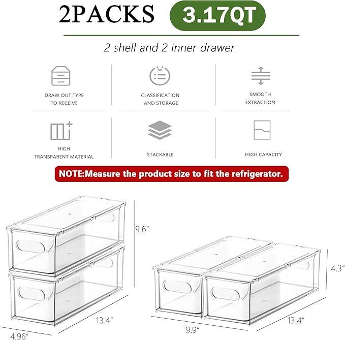 bealy 2 Pack Fridge Organizers and Storage with Pull out Drawer, Stackable Storage Drawer, Clear Refrigerator Organizers, BPA-Free for Kitchen Cabinet Pantry, 3.14QT