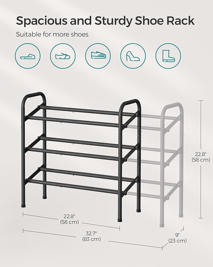 SONGMICS Expandable Shoe Rack, 3 Tier Shoe Rack Shelf, Adjustable Shoe Organizer Storage for 20 Pairs of Shoes, Metal Free Standing Shoe Racks for Closet, Front Door Entryway, Easy Assembly, Ink Black