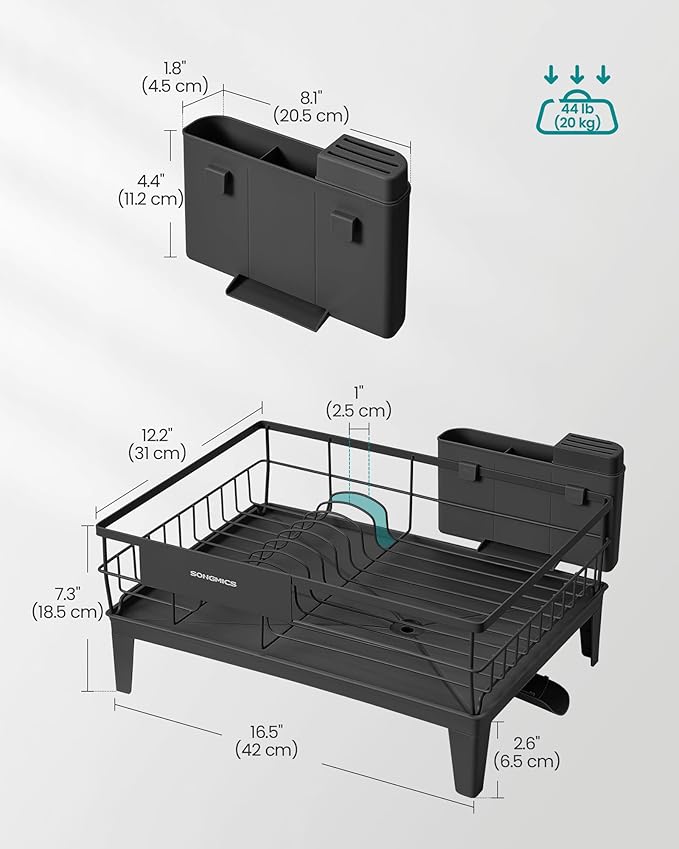 SONGMICS Dish Drying Rack, Kitchen Dish Rack, with Drainboard, 360° Rotatable and Extendable Spout, with Cutlery Holder, 12.2 x 16.5 x 7.3 Inches, Ink Black UKCS550B01