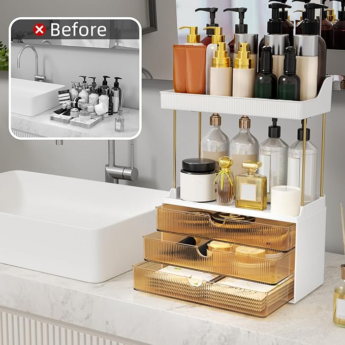 3 Large Drawers Makeup Organizer - 5 Tier Bathroom Counter Organizers and Storage, Versatile Perfume Vanity Organizer, Ideal for Cosmetic, Large Skincare, Face Mask, Office Supplies, Amber