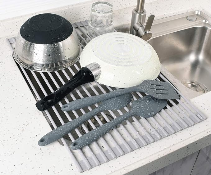 Surpahs 20.5 x 13.1 Inch Roll-Up Dish Drying Rack, Fits Across Sink Openings up to 19.5 Inches, Heavy-Duty Premium Silicone, Strong Support, Non-Slip, Heat-Resistant, Warm Gray