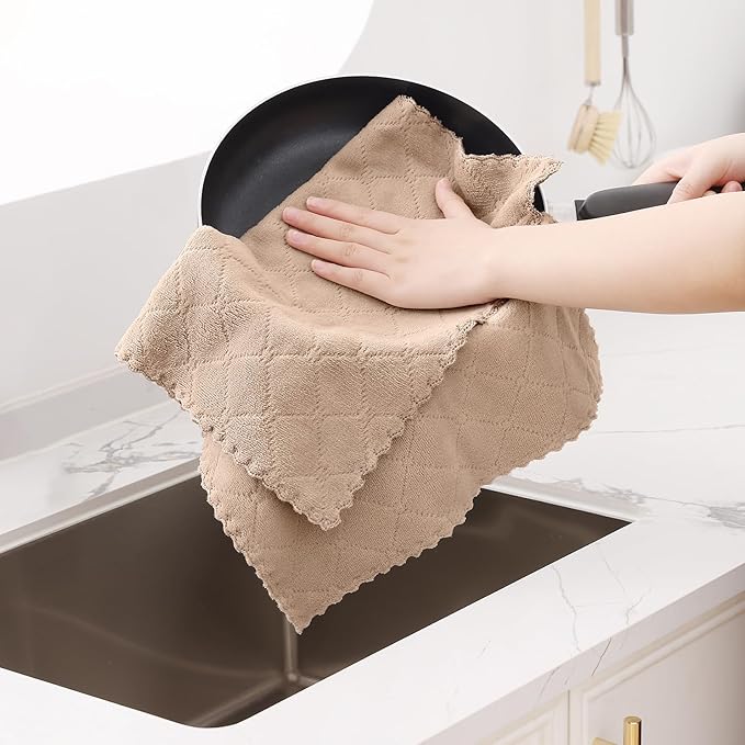 Homaxy 12 Pack Dish Towels for Kitchen (13 x 19 Inches, Tan), Super Soft and Absorbent Coral Velvet Dish Cloths for Washing Dishes, Nonstick Oil Fast Drying Microfiber Cleaning Cloth