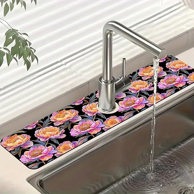 Colorful Peonies Sink Faucet Absorbing Mat Blooming Peonies Super Absorbent Fast Drying Mat Sink Gadgets Behind Faucet Sinkmat for Kitchen Bathroom, 23.5"x5.5"