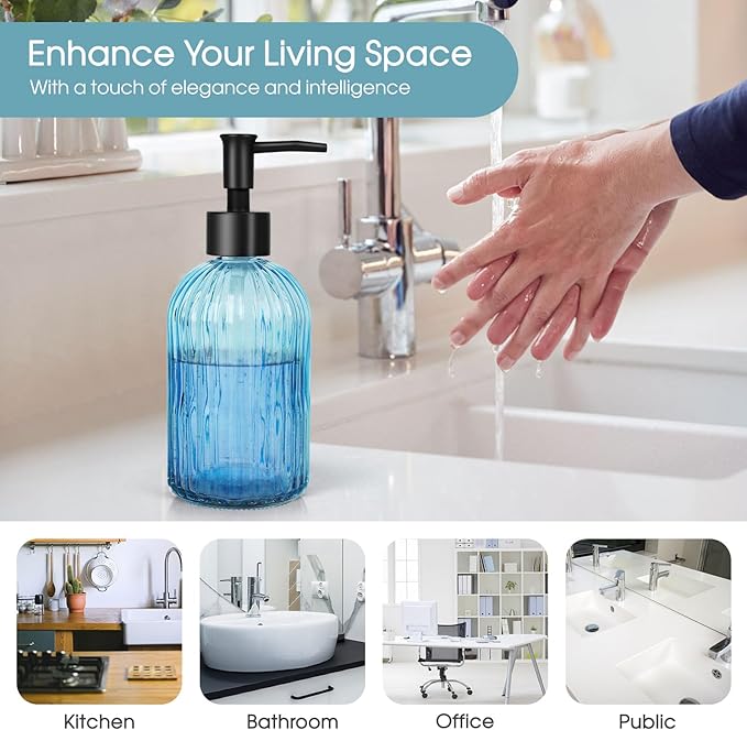 2 Pack Stripe Glass Soap Dispenser with Black Plastic Pump, 400ml Liquid Hand Soap Dispenser, Rustproof Pump for Kitchen & Bathroom, Great for Lotions, Essential Oil, Liquid Soaps- (Light Blue)