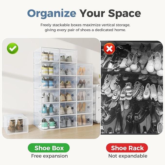 DUMOS Clear Shoe Storage Boxes, 15-Pack Plastic Stackable Shoe Containers with Lids, Display Sneaker Case Organizer for Closet, Under Bed, Entryway,White (Fit Size 11)
