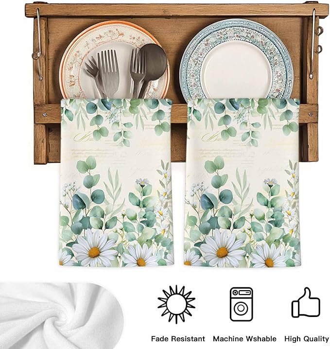 Kitchen Towels Set of 4, Green Eucalyptus Leaves Soft Microfiber Dish Towels, Daisy Summer Botanical Farmhouse Absorbent Quick-Dry Washable Dishcloths for Kitchen Cleaning, Drying Dishes, 18x28 Inches