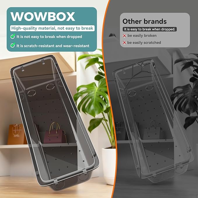 WOWBOX 44 PCS Clear Plastic Drawer Organizer Set, 4 Varied Size storage Bins and Desk Drawer Organizer Trays for Makeup, Gadgets, Jewelry and Utensils in Bathroom, Bedroom and Office, Clear Black