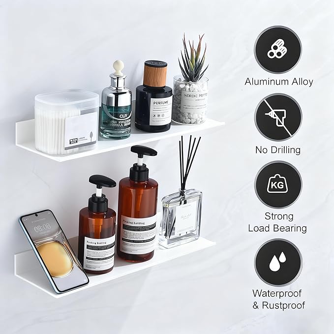 HNVNER Adhesive Shower Shelves for Wall 2 Pack, White Metal Shower Caddy 40cm, Waterproof Bathroom Floating Shelves, Bathroom Storage Wall Shelf Organization