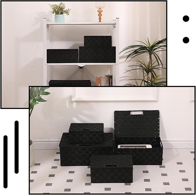 Storage Bins Woven Organizer with Lids Set of 4 – Polypropylene Storage Baskets with Metal Frame, Stackable Fabric Boxes for Drawers, Closet, Shelf, Nursery and Office, Black