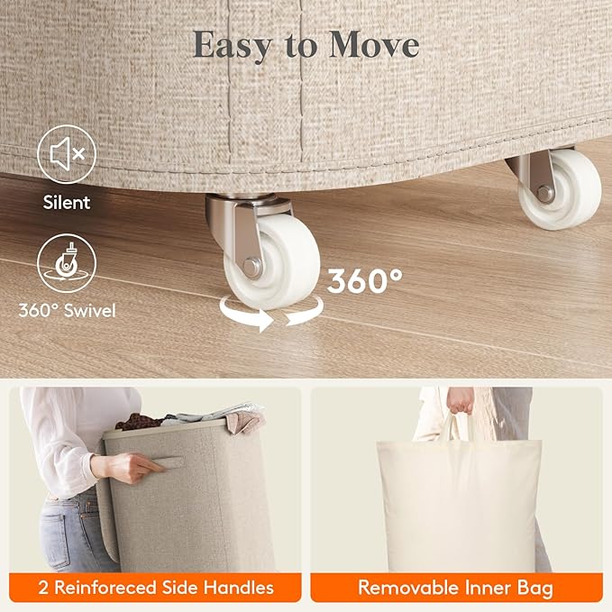 Lifewit 85L Plastic Laundry Basket with Lid, Large Clothes Hamper with Wheels and Removable Bag, Tall Collapsible Rolling Storage Bin for Dorm Bedroom Bathroom, Beige