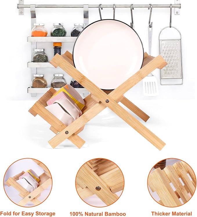 SZUAH Collapsible Bamboo Dish Drying Rack - 2 Tier Space Saving Kitchen Counter Organizer, Holds 19 Plates, Bowls & Utensils (17.8"x10.23"x9.25")