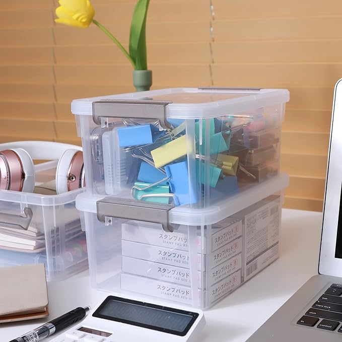 Citylife Small Storage Bins with Lids 3.2 QT- 8 Packs Plastic Storage Containers for Organizing Stackable Clear Storage Boxes,Clear White