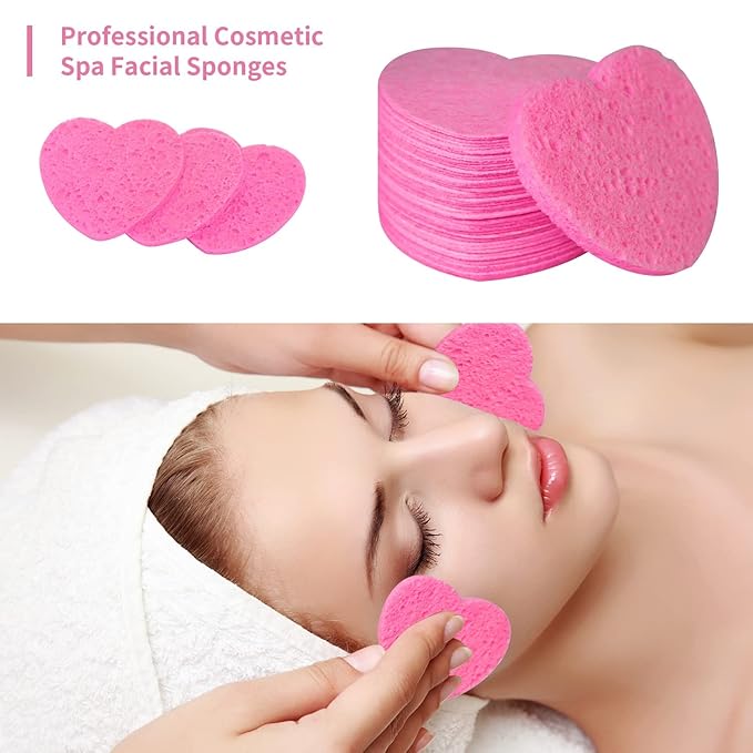 100-Count Compressed Facial Sponges for Estheticians Heart Shape Natural Cellulose Sponge Professional Cosmetic Spa Sponges for Face Cleansing, Massage, Pore Exfoliating, Mask, Makeup Removal, Pink