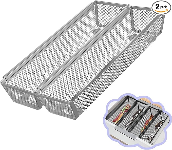 2PCS Drawer Organizer for Kitchen,Utensil Mesh Drawer Organizer with Interlocking Arm for Cosmetic,Flatware,Pen (12 * 3 * 2 Inches,Grey)