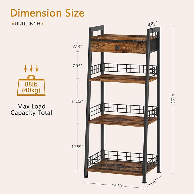 4-Tier Ladder Shelf with Drawer, Bathroom Table Stand for Small Space, Bathroom Standing Shelves with Storage for Living Room Bedroom Kitchen, Organizer Shelf, Rustic Brown