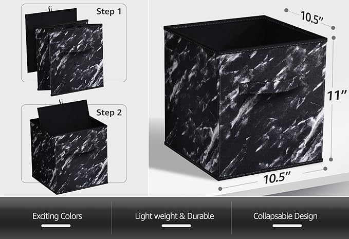Sorbus Collapsible Fabric Storage Cubes - 11" Foldable Organization Baskets with Handle - 4 Black Marble for Pantry, Closet, Nursery, Dorm, Toy Storage