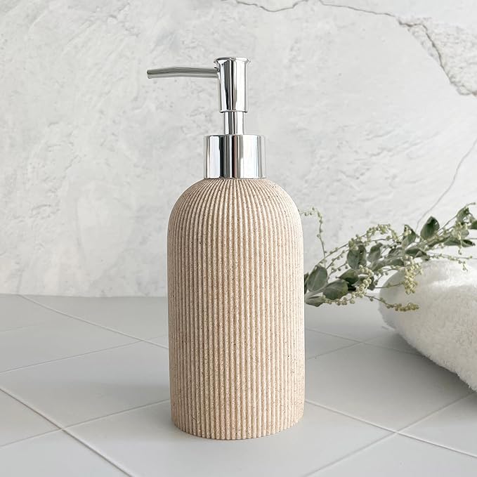 Sand Beige Hand Soap Dispenser for Bathroom and Kitchen with Pump, Luxury Farmhouse Style, Lotion, Dish Soap Dispenser, Sandstone Finish, Rust Proof, 7oz (Silver Pump)