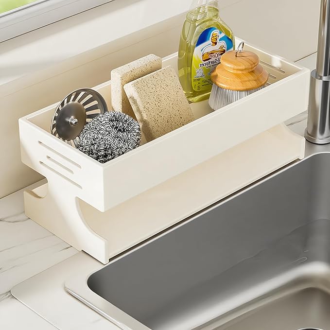 BREIS Sponge Holder for Kitchen Sink, Caddy Organizer with Rag Holder, Countertop Self-Draining Sponge Caddy, Rustproof Sink Storage Rack for Soap Dispenser Storage Accessories (Heavy Duty-White)