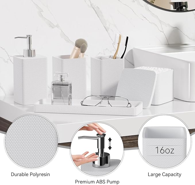 White Bathroom Accessories Set 5 Pieces, Resin Toothbrush Holders Set Complete with Soap Dispenser, Toothbrush Holder, Vanity Tray, Bathroom Tumbler and Qtip Holder for Small Spaces