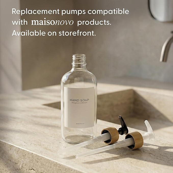MaisoNovo Glass Dish Soap Dispenser for Kitchen Set of 2-16.9oz Clear Dish and Hand Soap Dispenser Set for Kitchen - Clear Glass Bottles x 2 with White Bamboo Pumps & Tray
