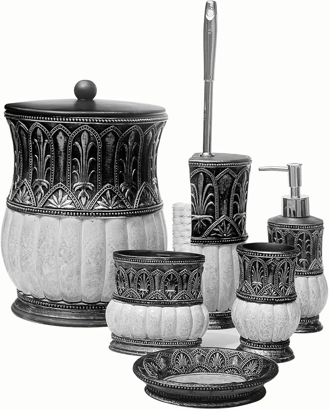 6 Pieces Pumkins Bathroom Accessories Set Including Trash Can, Cup, Toothbrush Holders, Soap Dishes, Soap Dispenser and Toilet Brush, Home Decoration, Retro Style, Grey