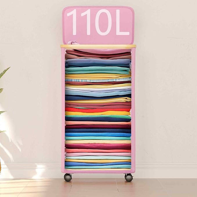 SUOCO Laundry Hamper on Wheels 100L, Clothes Basket with Lid and Bamboo Handles, Foldable Laundry Hamper for Bedroom, Bathroom, Dorm, Laundry Room - Pink