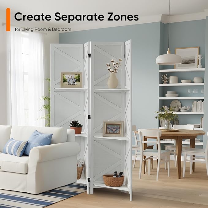 Modern Room Divider with Shelves, White X-Shape Design Folding Partition, 4-Panel Contemporary Freestanding Divider for Bedroom&Office, 67" H x 64" W