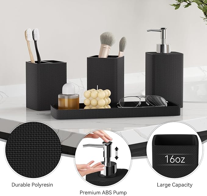 Black Bathroom Sets, Black Bathroom Accessories Set with Shower Curtain and No-Slip Bath Rugs, Natural Loofah Sponge, Soap Dispenser, Toothbrush Holder, Bathroom Tumbler and Tray for Bathroom