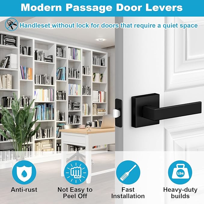 Estmoon 8 Pack Passage Door Handles Matte Black Door Levers, Interior Door Knobs Square Heavy Duty Non-Locking Handlesets Hall Closet Handles