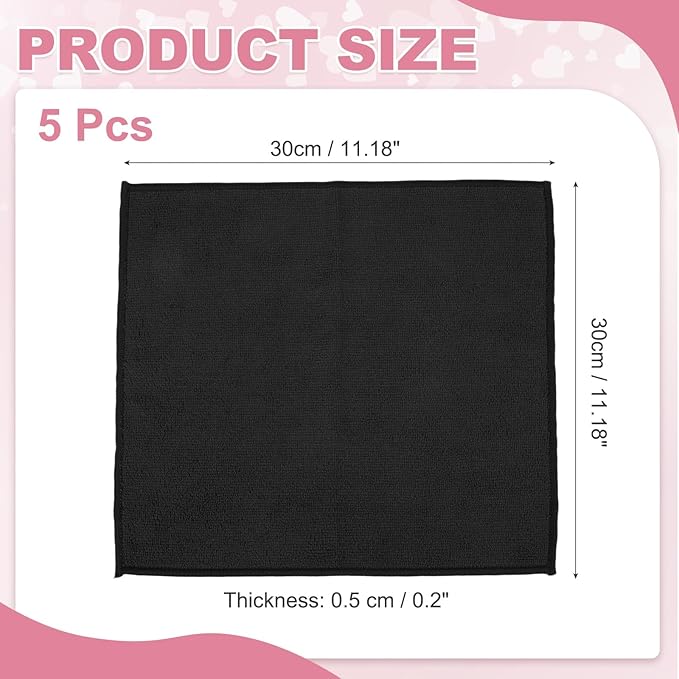 uxcell 5 Pcs Microfiber Cleaning Cloth, Kitchen Towels Reusable Microfiber Towels Highly Absorbent for Household Cleaning Supplies, Kitchen, Bathroom, Black(Square), 11.8" X11.8
