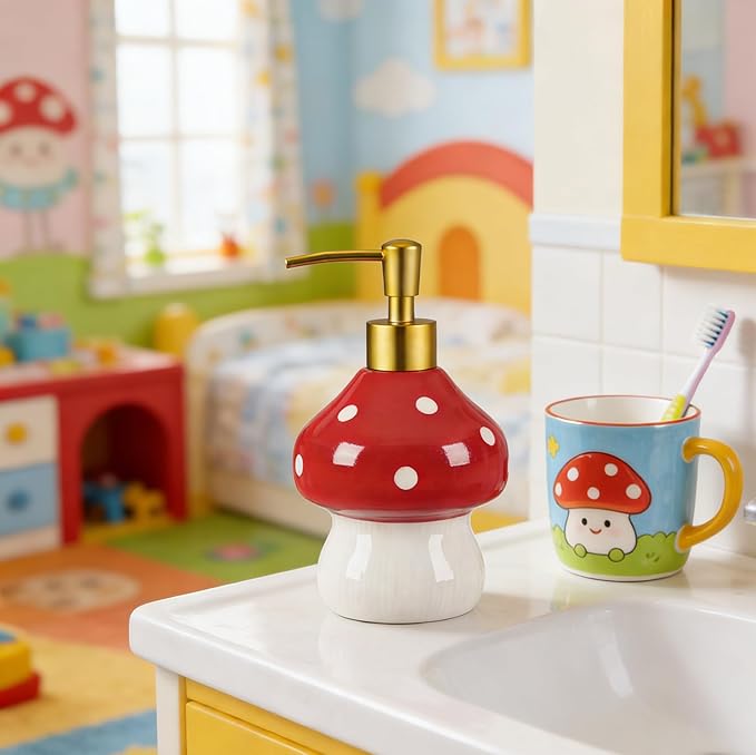 17 Oz Mushroom Ceramic Soap Dispenser with ABS Pump,Refillable Liquid Bathroom soap Dispenser for Lotion,Body Wash,Cute Kitchen Soap Dispenser for Dish Soap,Hand Soap