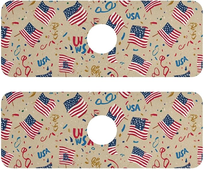 Kitchen Sink Splash Guard 2 PCS 14.7 Inch Sink Faucet Mat Splash Guard for Bathroom Countertop Water Absorbent Foldable Cuttable Soft Washable Brown Patriotic American Flags
