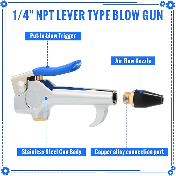 Honoson 4 Pieces 1/4 NPT Lever Blow Gun Air Nozzle Dust Cleaning Blower Gun with Rubber and Safety Tip Nozzles Air Tool for Home Shop Garage Industry(Blue)